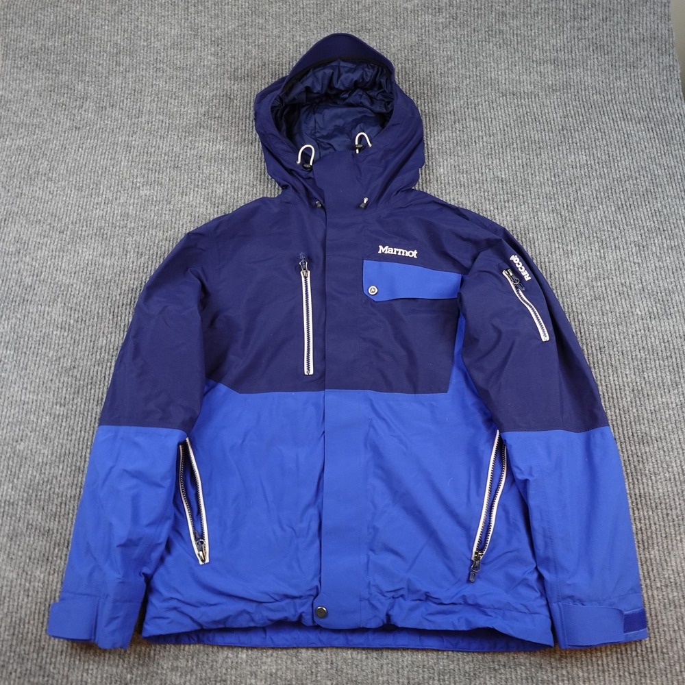 Marmot Recco Jacket Mens Medium Blue Hooded Insulated Ski Snow Colorblock